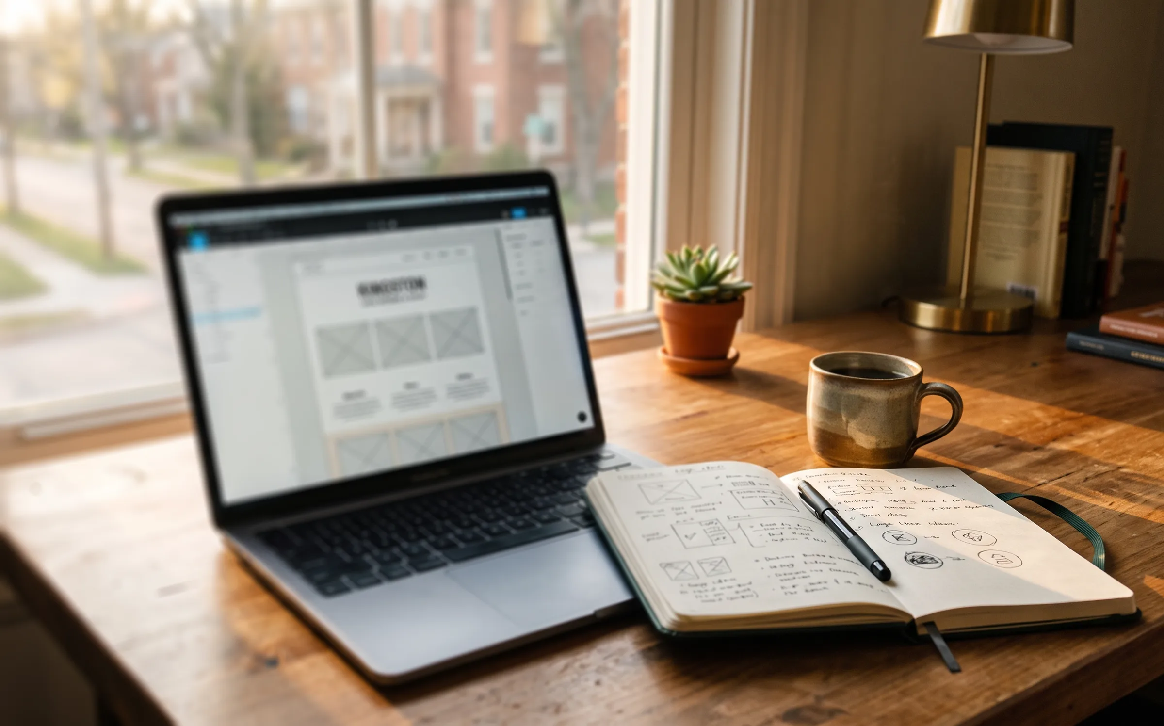 A laptop showing a website wireframe beside a notebook of sketches