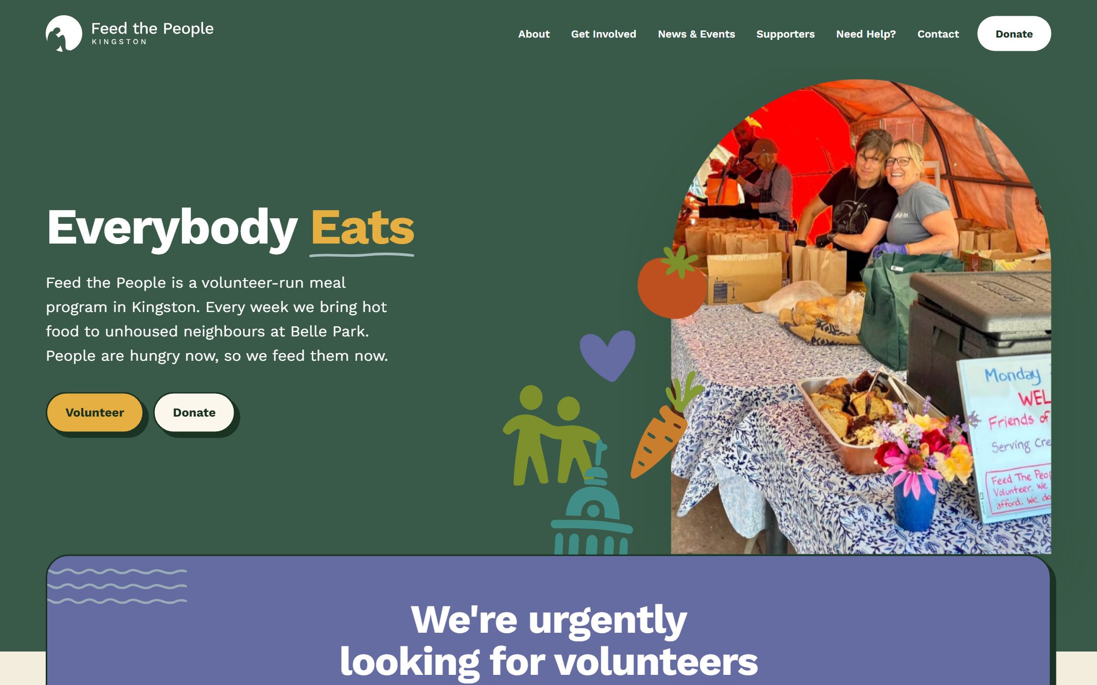 The Feed the People Kingston homepage: the headline Everybody Eats beside a photo of volunteers packing meals under the tent at Belle Park