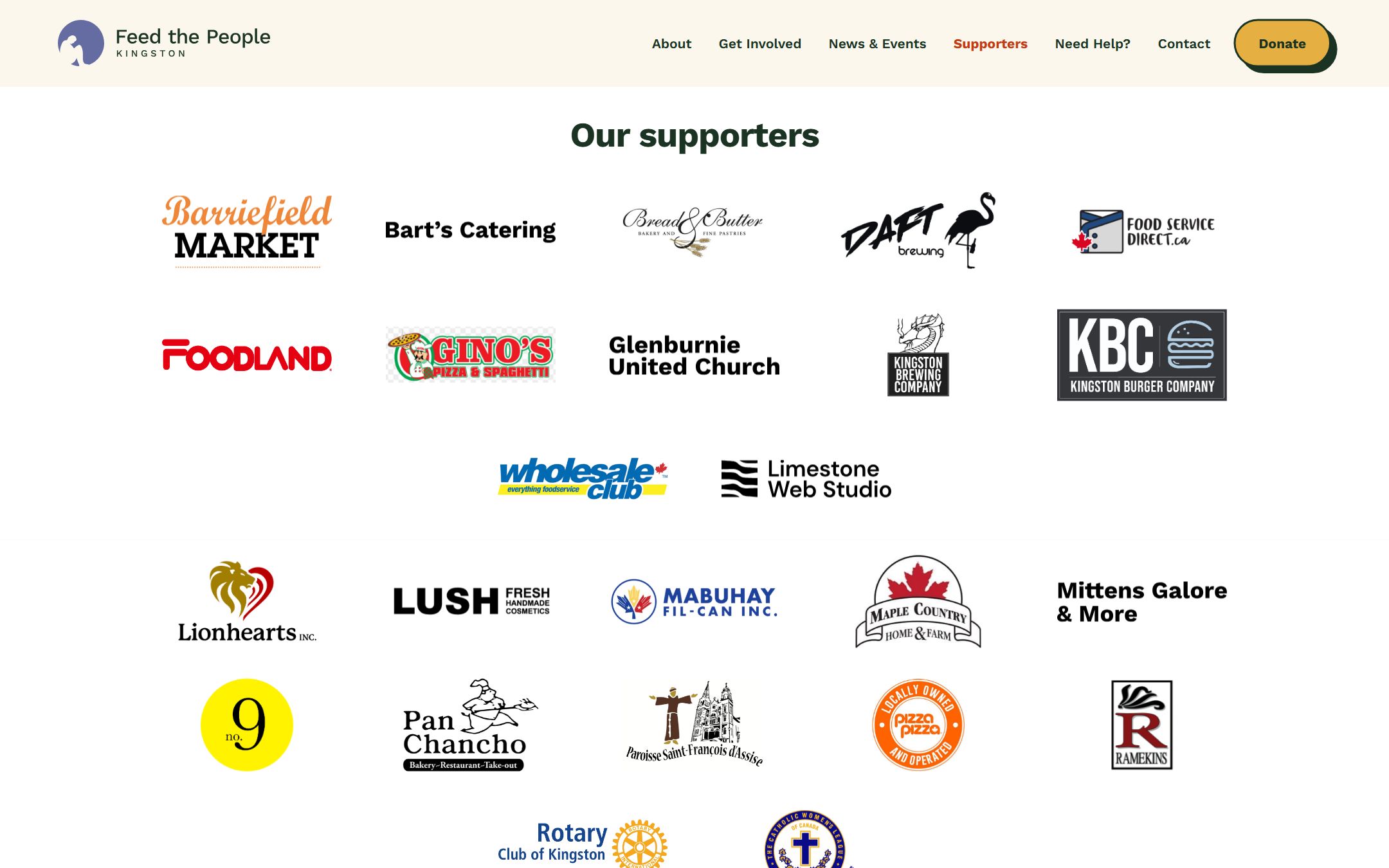 The supporters page: a wall of local business logos