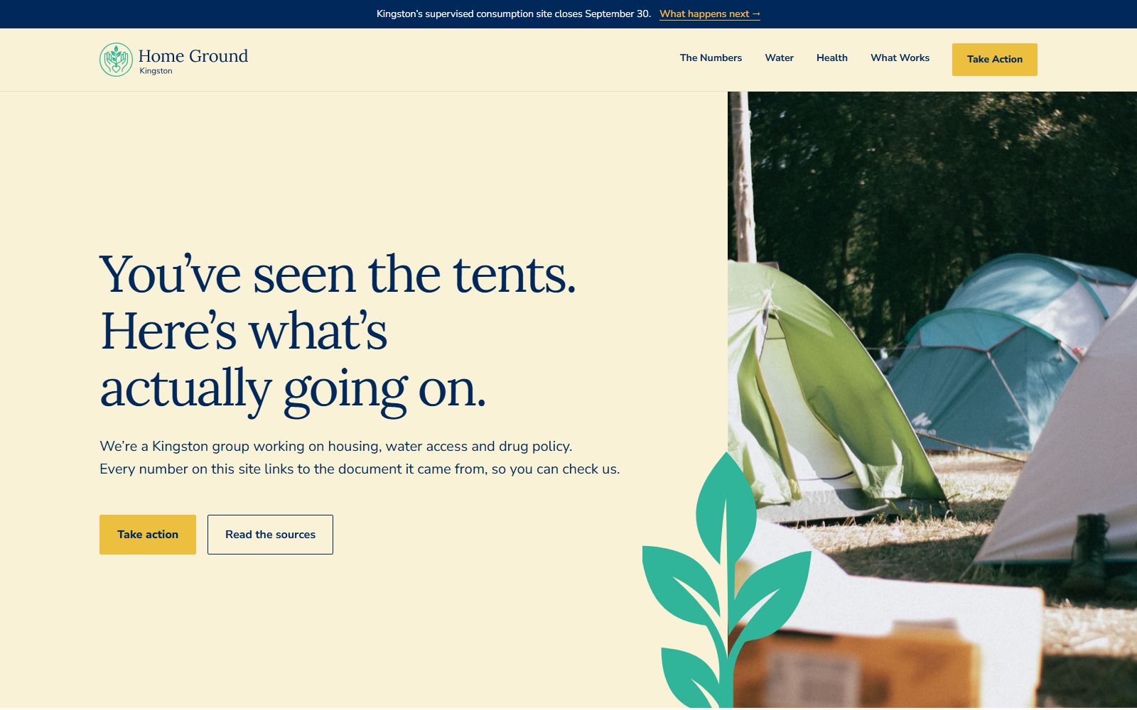 The Home Ground Kingston homepage: the headline You’ve seen the tents, here’s what’s actually going on, beside a photograph of tents at an encampment